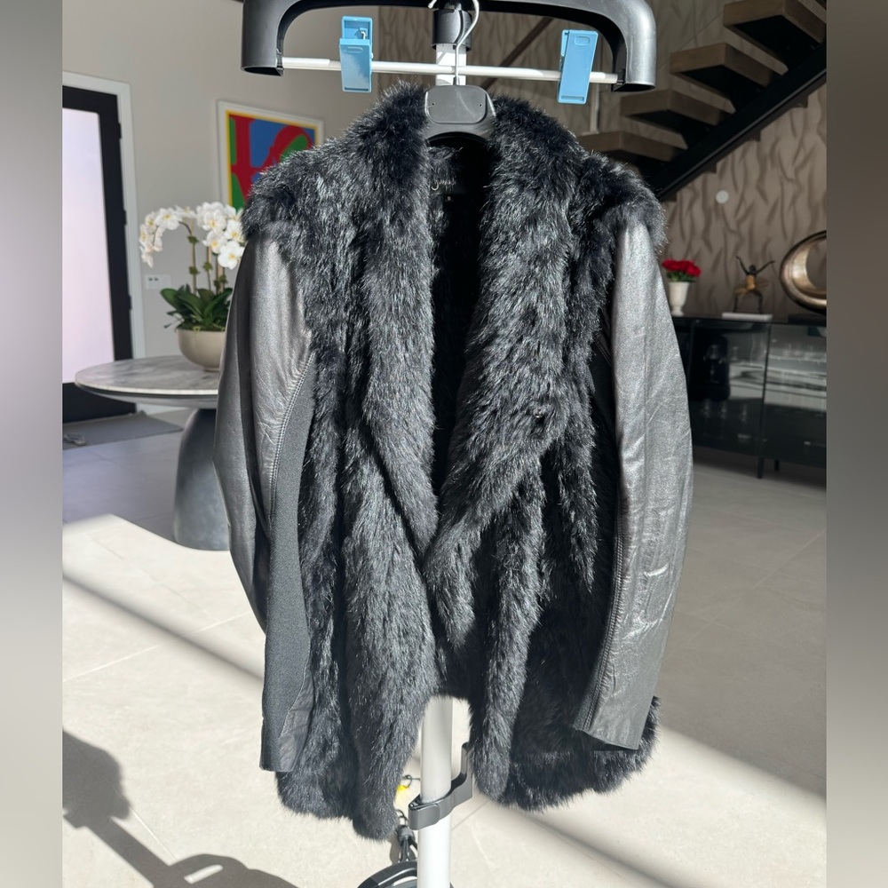 June Black Rabbit Fur Leather Wrap Jacket